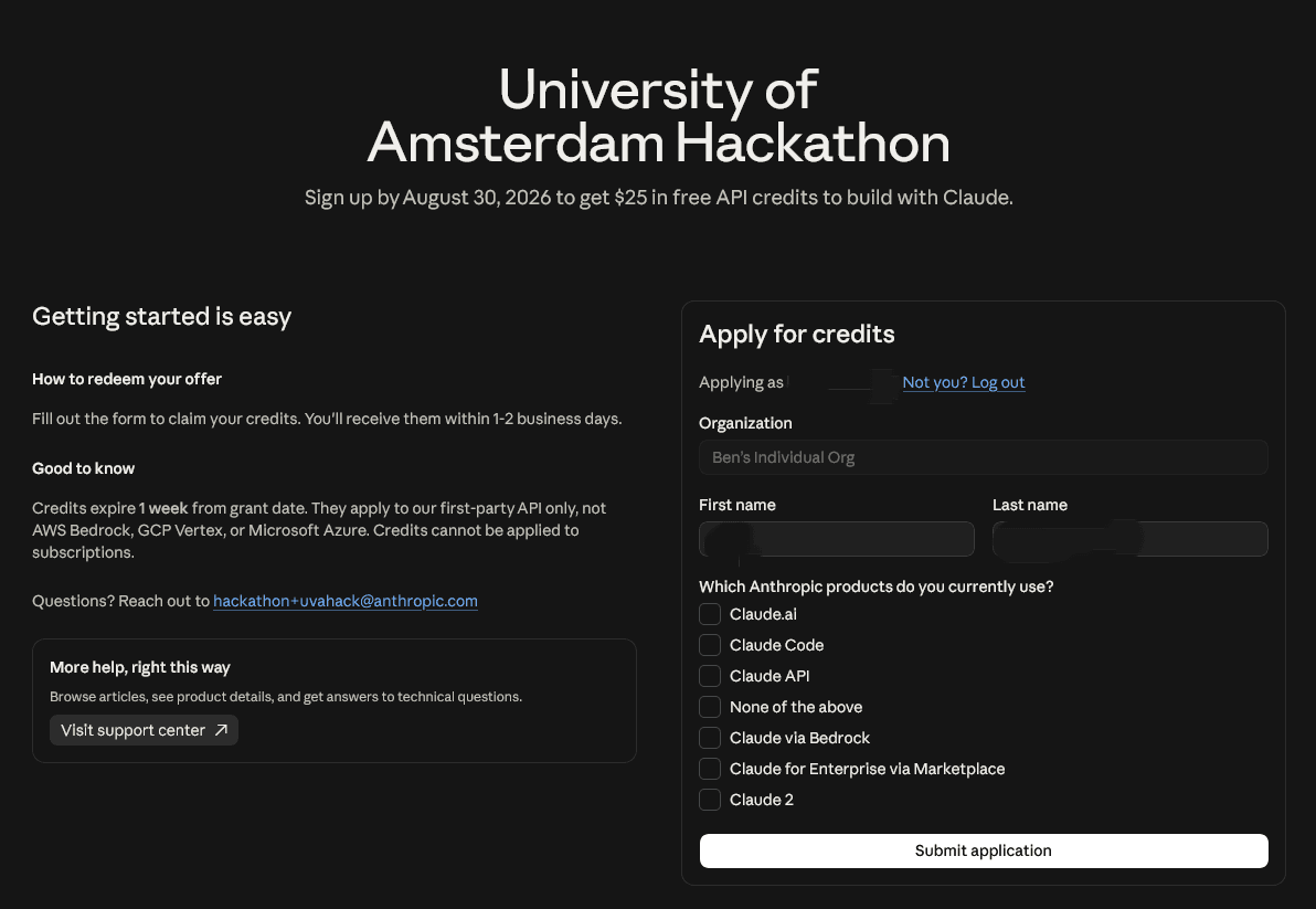 The Apply for credits form on the University of Amsterdam Hackathon offer page