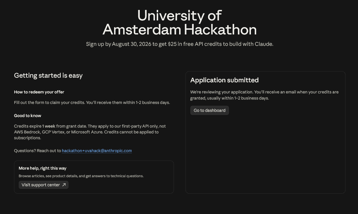 The application submitted confirmation with the Go to dashboard button
