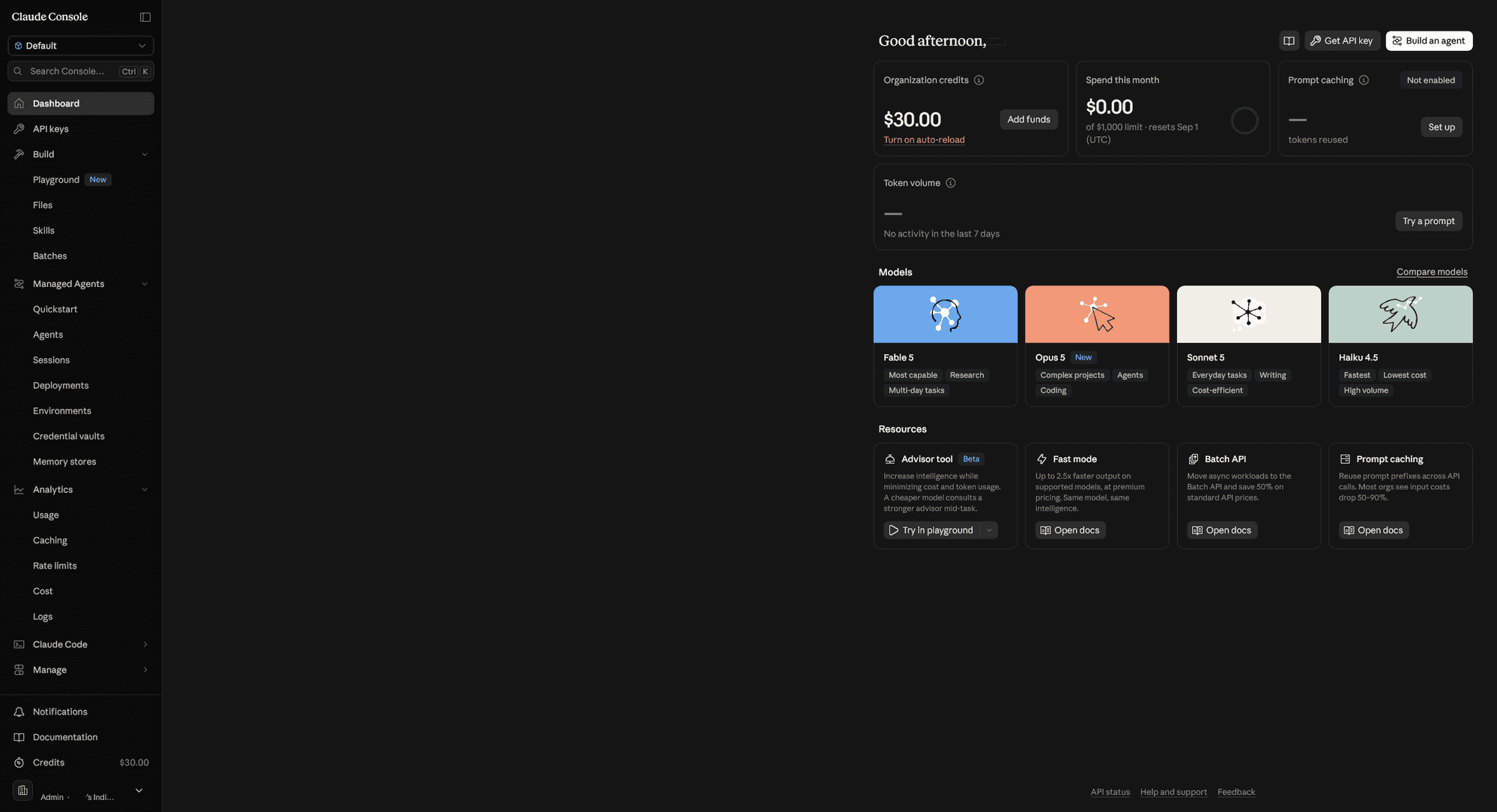 The Claude Console dashboard showing $30.00 in organization credits and the Get API key button