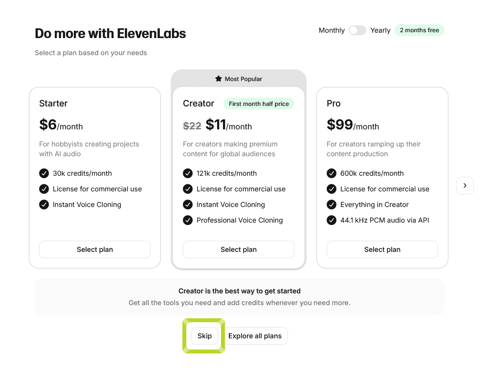 The ElevenLabs plan-selection screen with the Skip button highlighted in lime